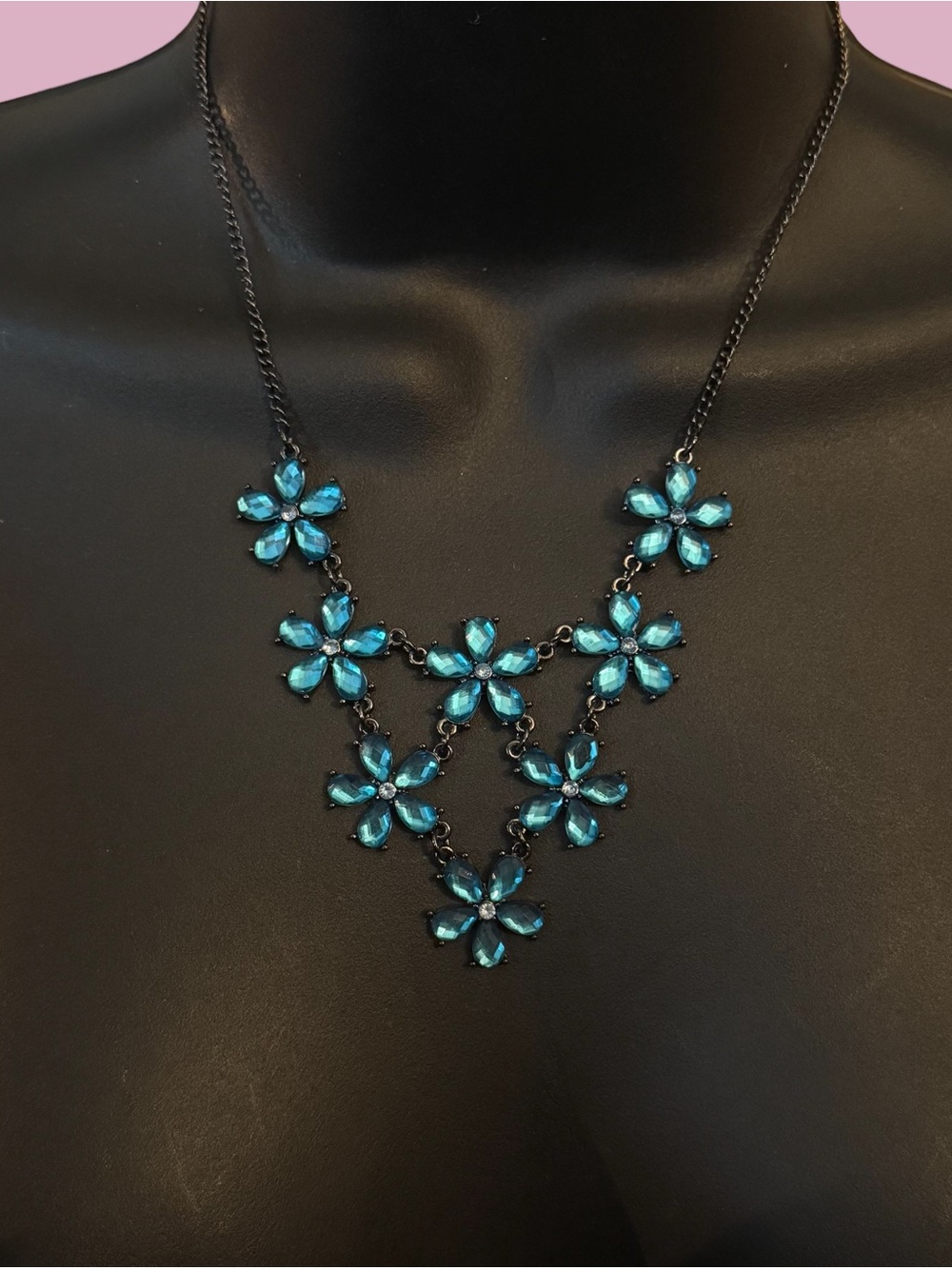 Gunmetal aqua blue rhinestone flower statement necklace